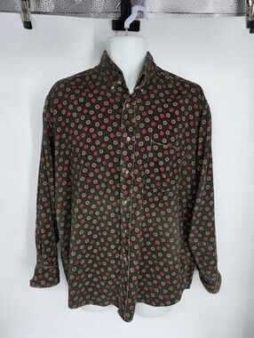Vintage Pacific Club Corduroy Button Down Shirt Medium Green Medallion Y2K